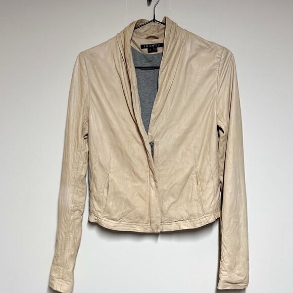 Theory Lavella Lambskin Leather Sand Beige Crop Jacket Sz Womens 4 - Picture 3 of 12
